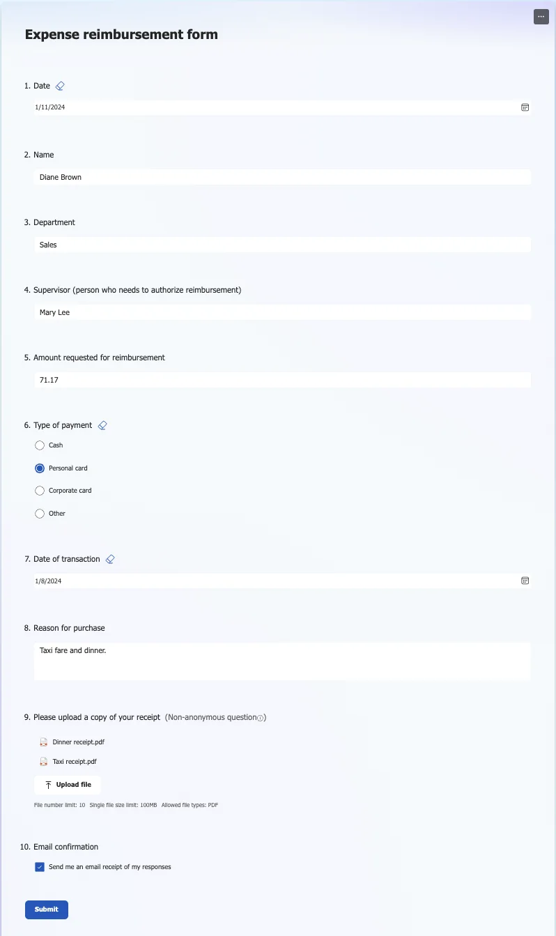 Filled out Microsoft form