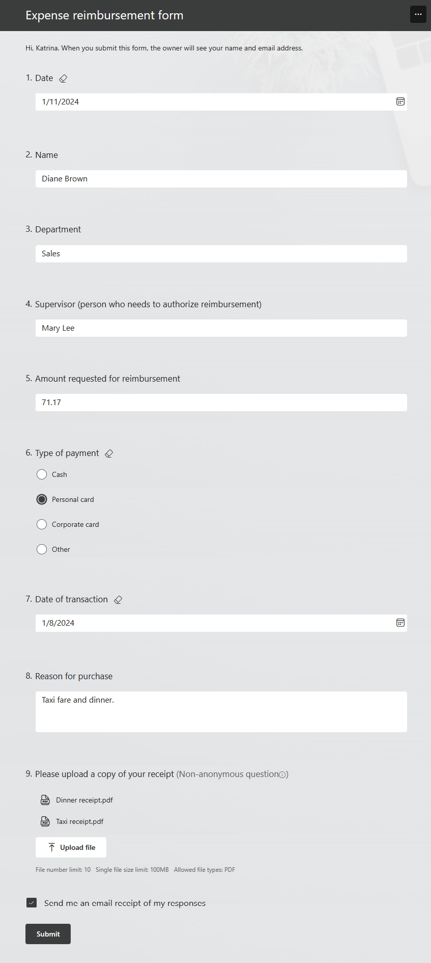 Filled out Microsoft form