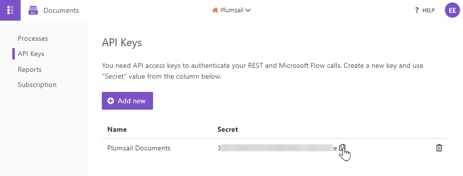 Copying an API key from the account