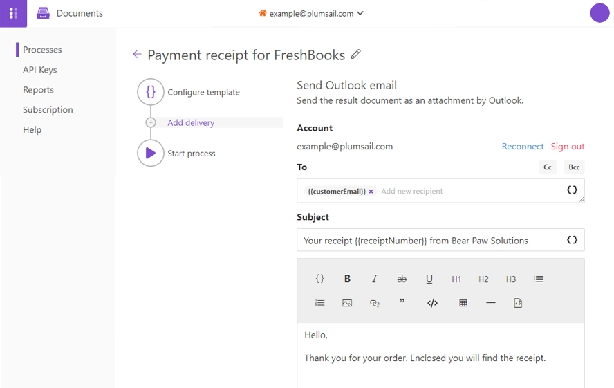 Send generated receipts to customers using a Plumsail Documents' built-in Outlook delivery