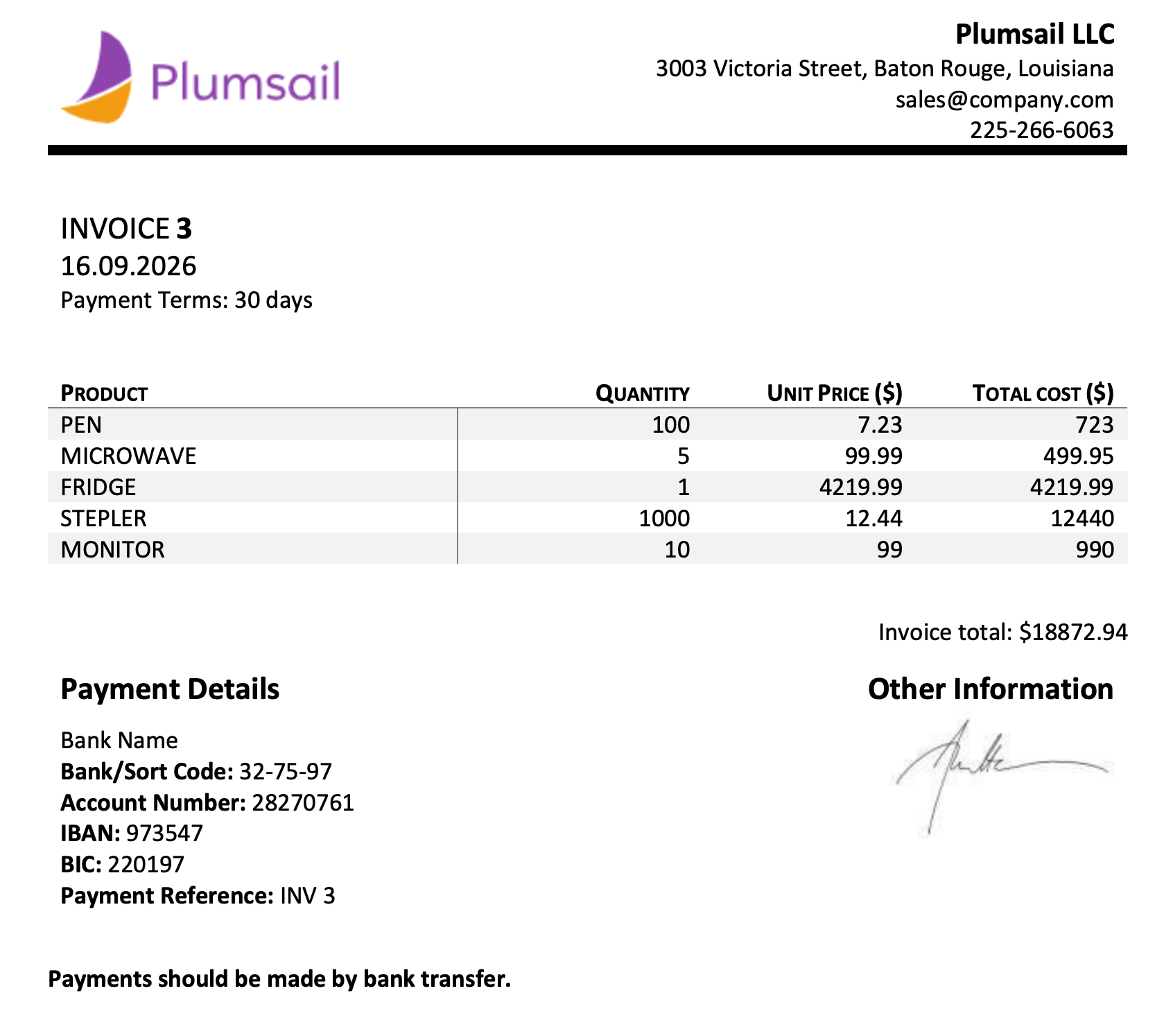 Generated PDF from DOCX invoice document using the Modern template engine
