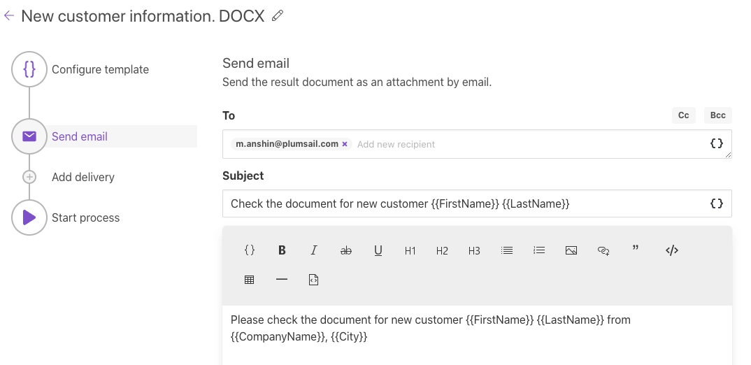 Delivery options for generated document