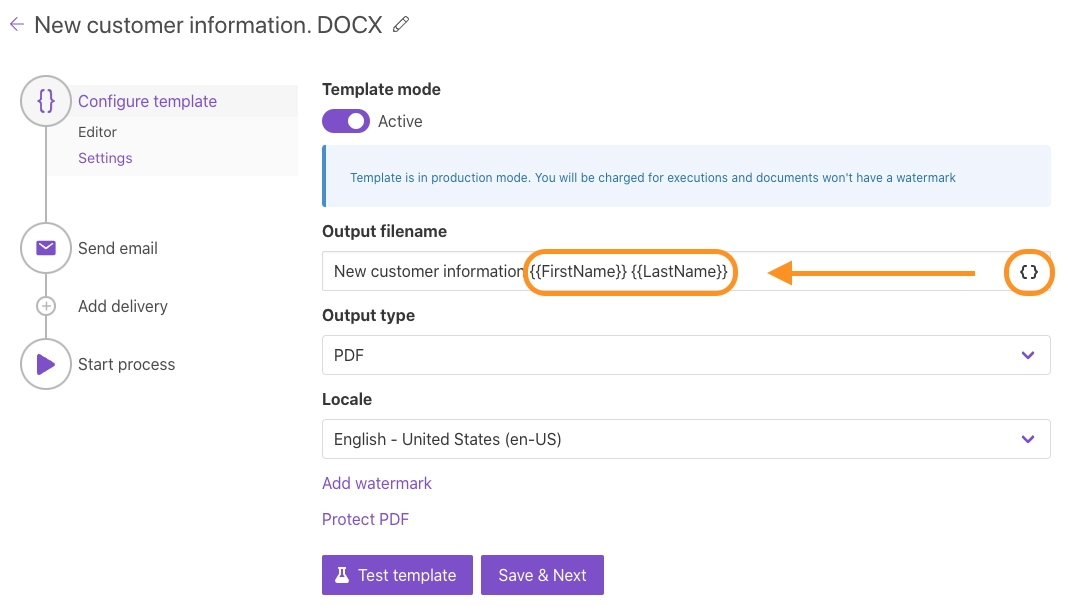 Ouput settings for generated document