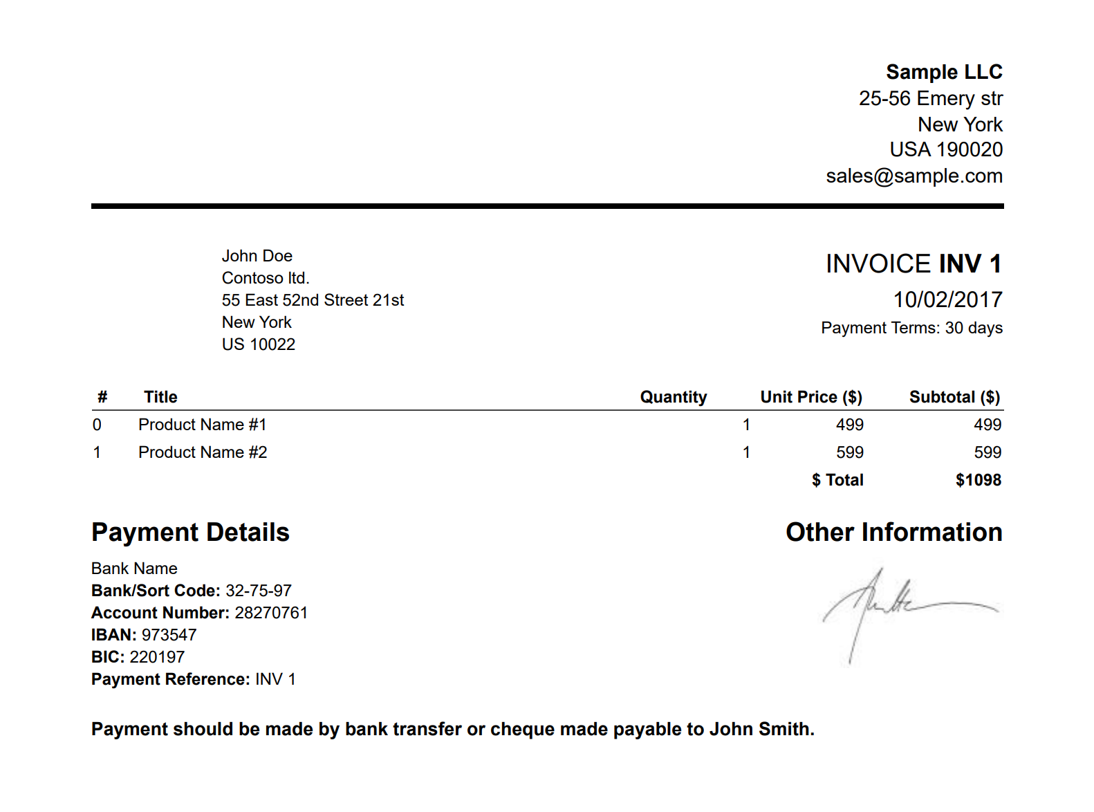 Generated HTML invoice from template