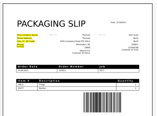 completed packaging slip