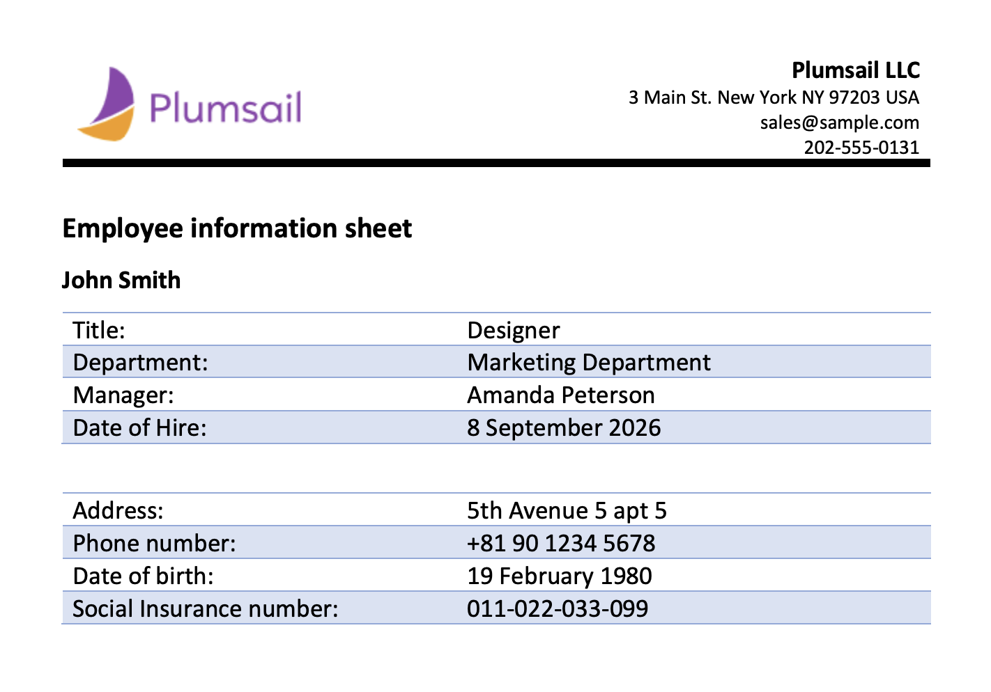 Generated PDF document from a DOCX template and Plumsail Form submission
