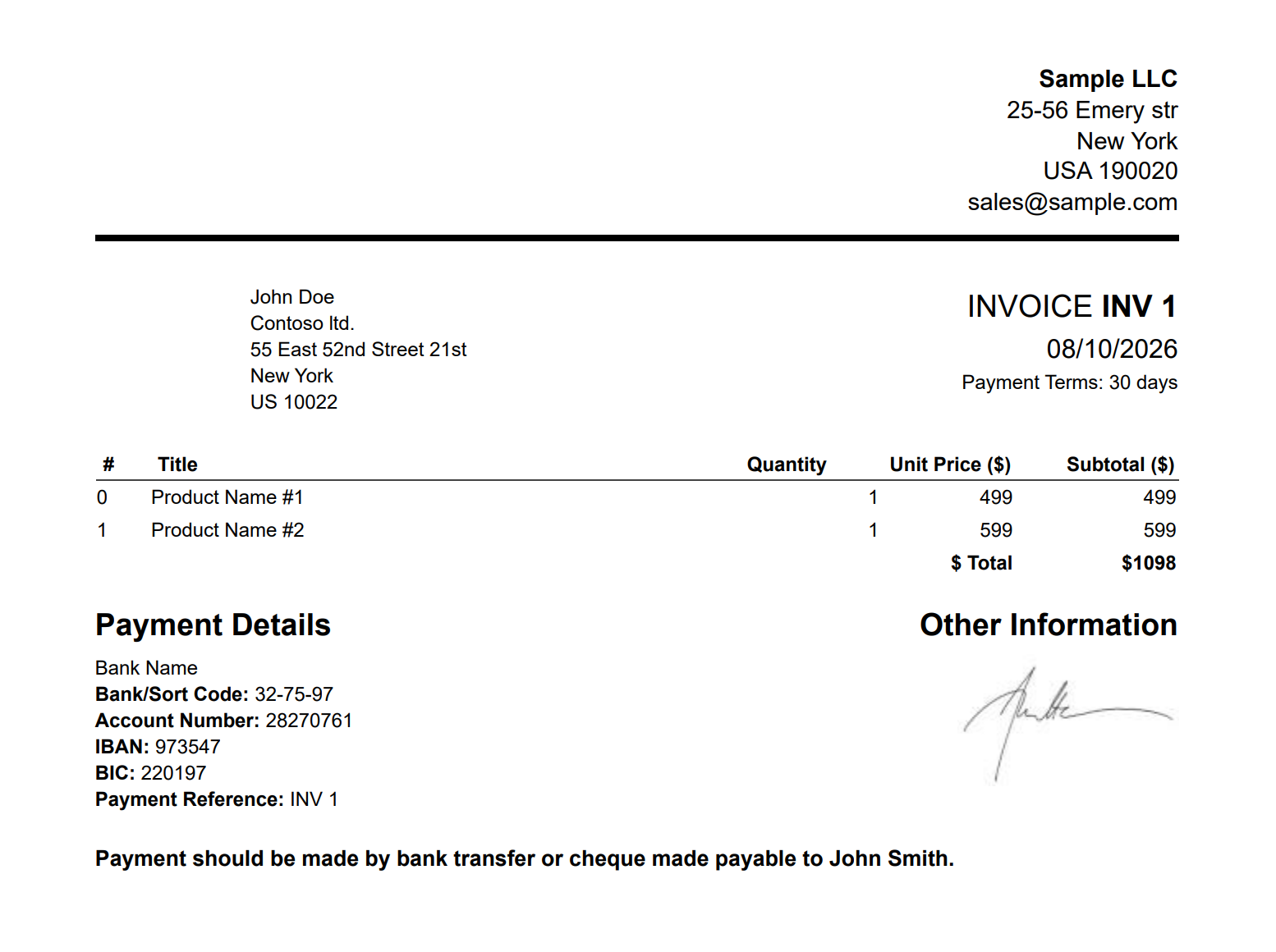 Generated PDF invoice from an HTML template