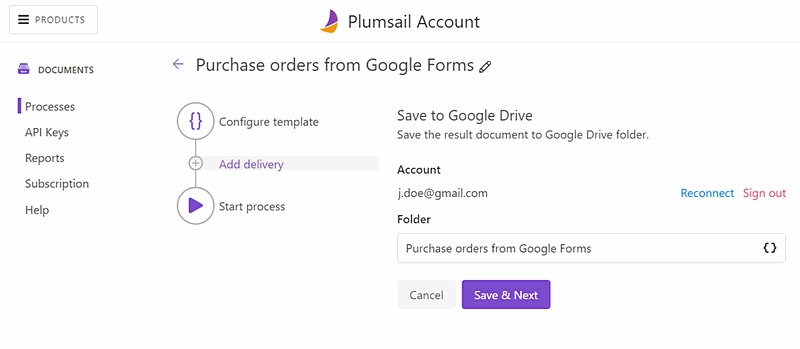 settings of google drive delivery
