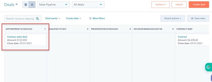 HubSpot deals interface