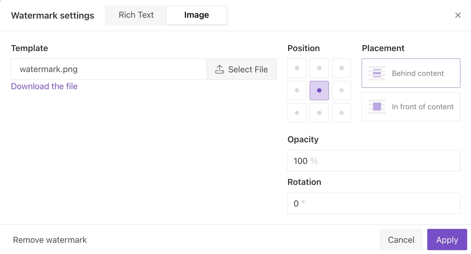 Image watermark settings