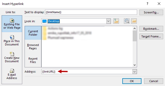Insert hyperlink: URL