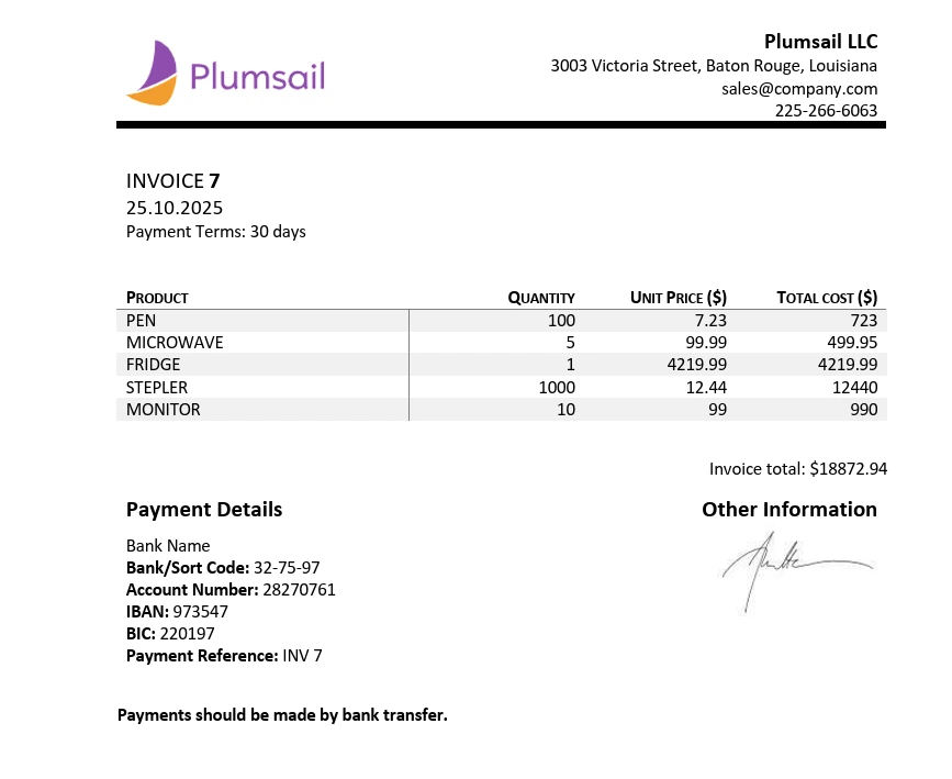 Example of a generated Word DOCX invoice document