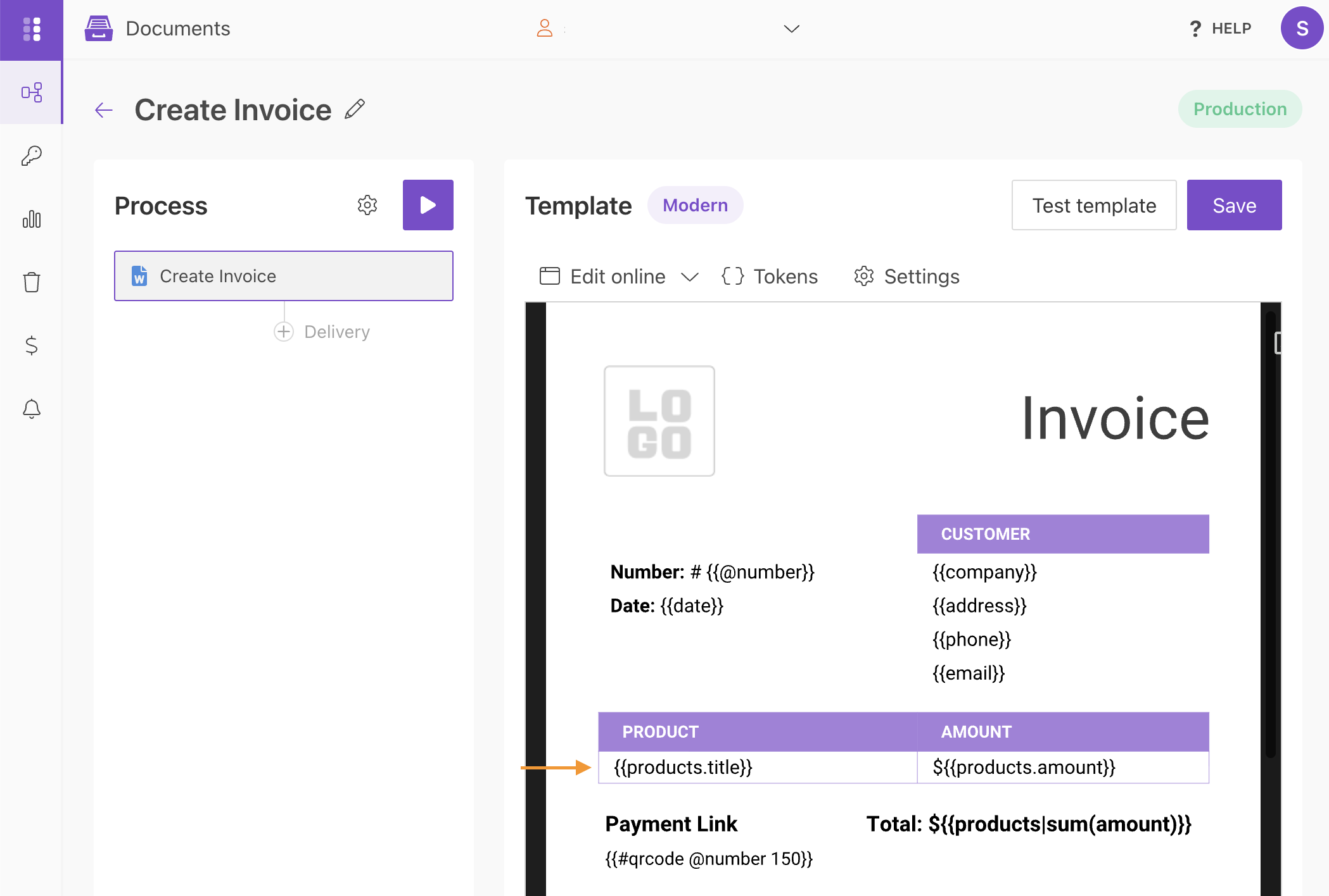 Example invoice template with tokens