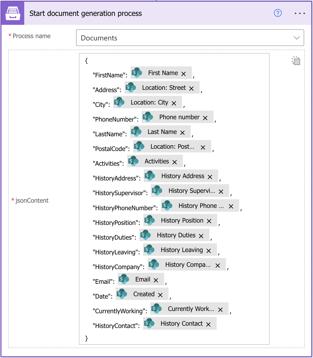 Template data JSON in Start document generation process action