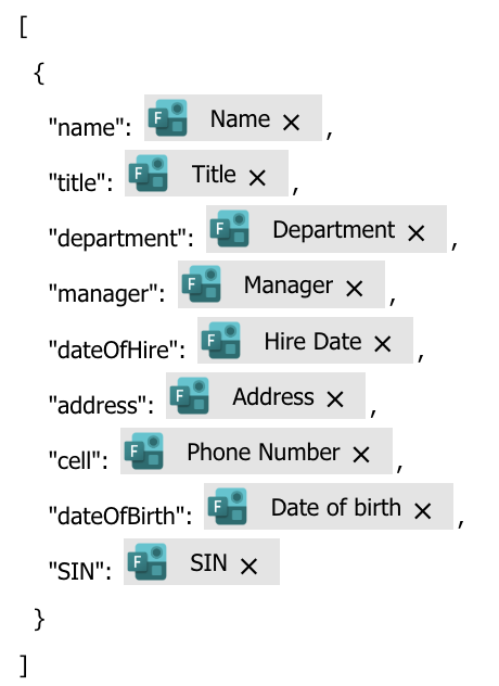 JSON object containing Microsoft Forms response data