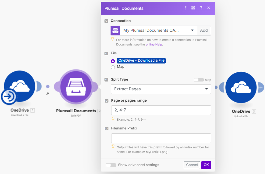 Extract PDF pages settings