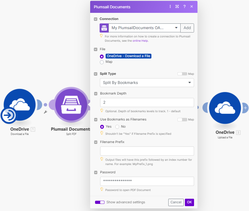 Split by bookmarks settings