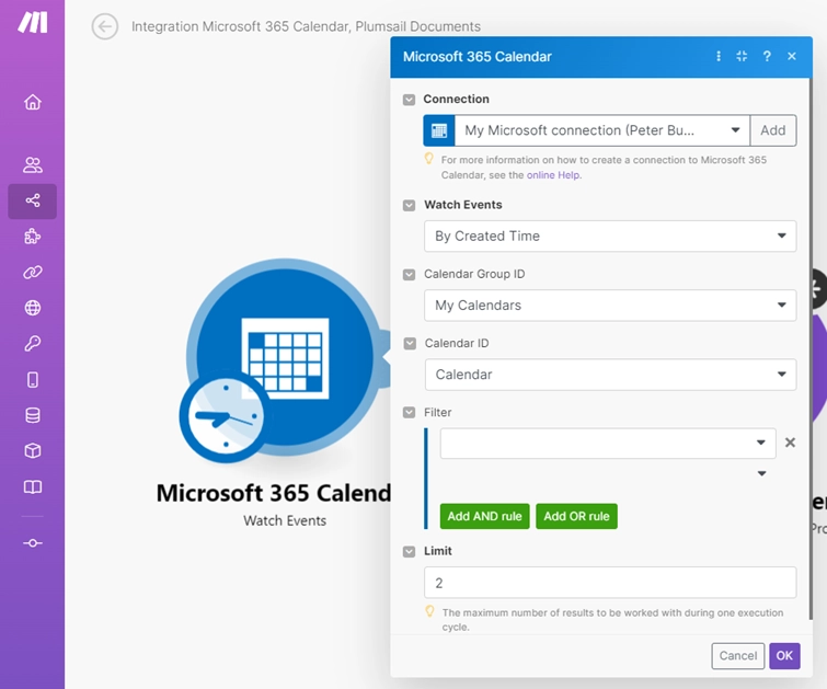 Microsoft 365 Calendar trigger settings