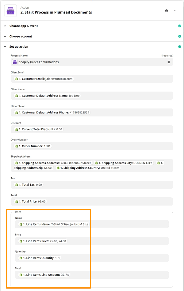 Shopify order data mapped to the corresponding tokens in the Plumsail Documents process