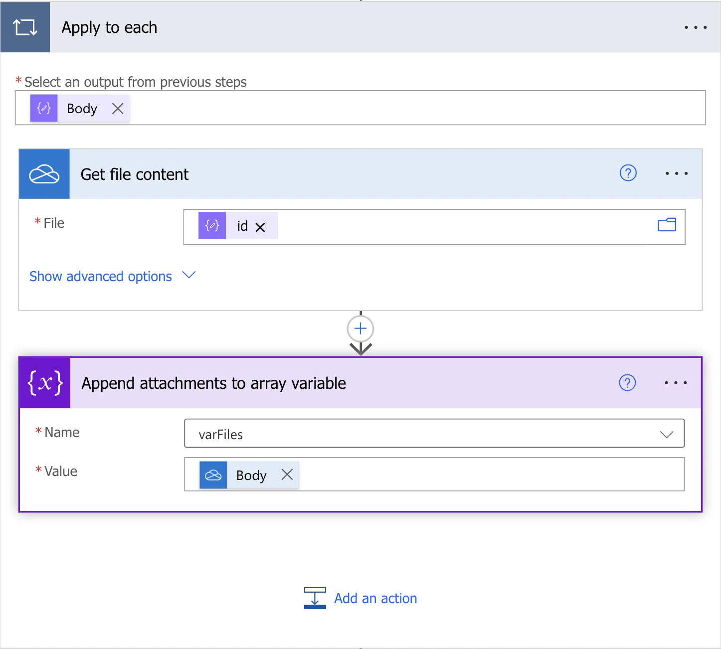 Append to array variable - Attachments, HTML file and reports from Microsoft Form