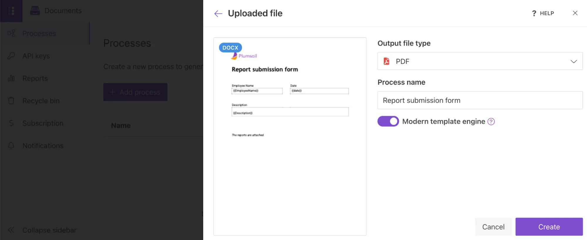 Modern engine process creation form with name, template upload, output type and Create button