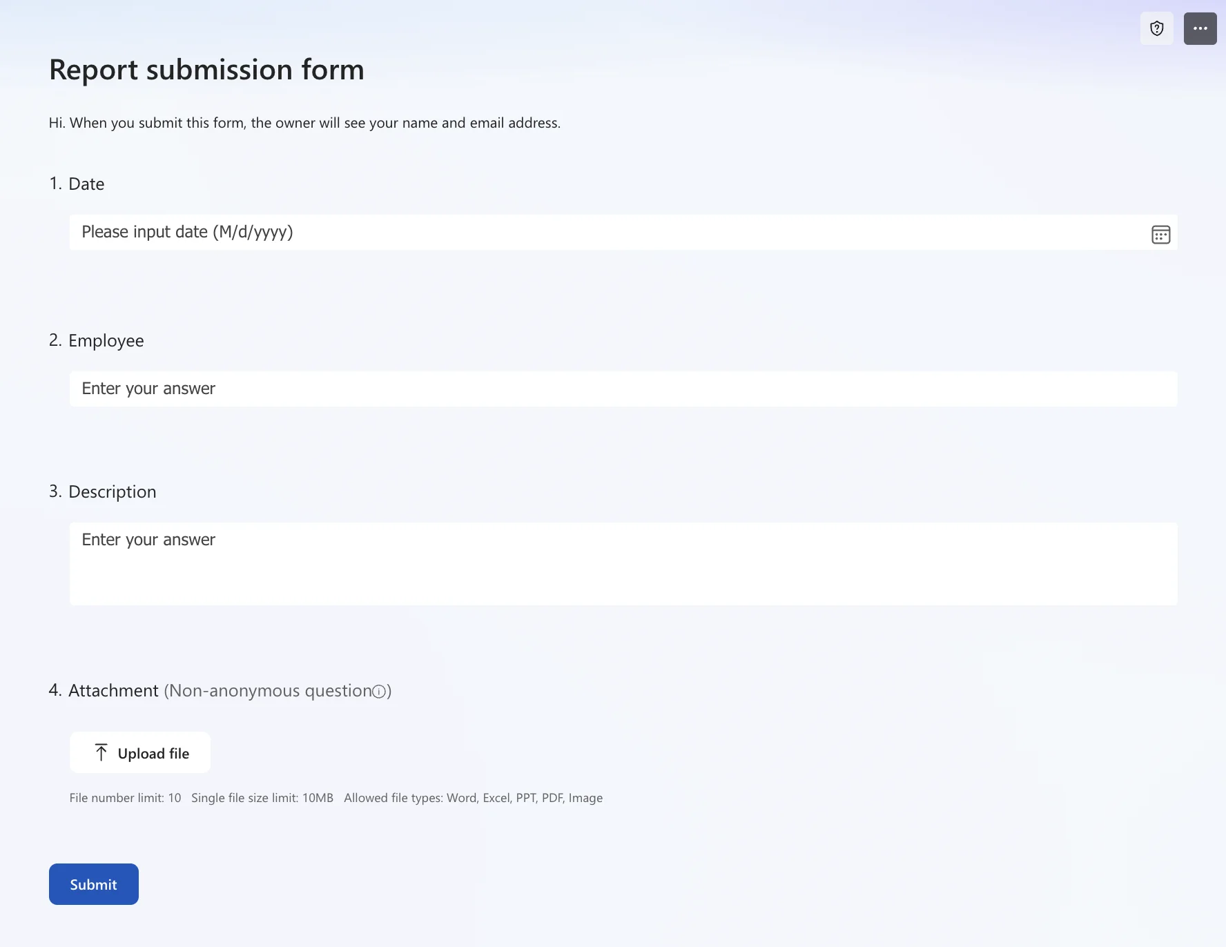 Sample form for collecting attachments for document generation