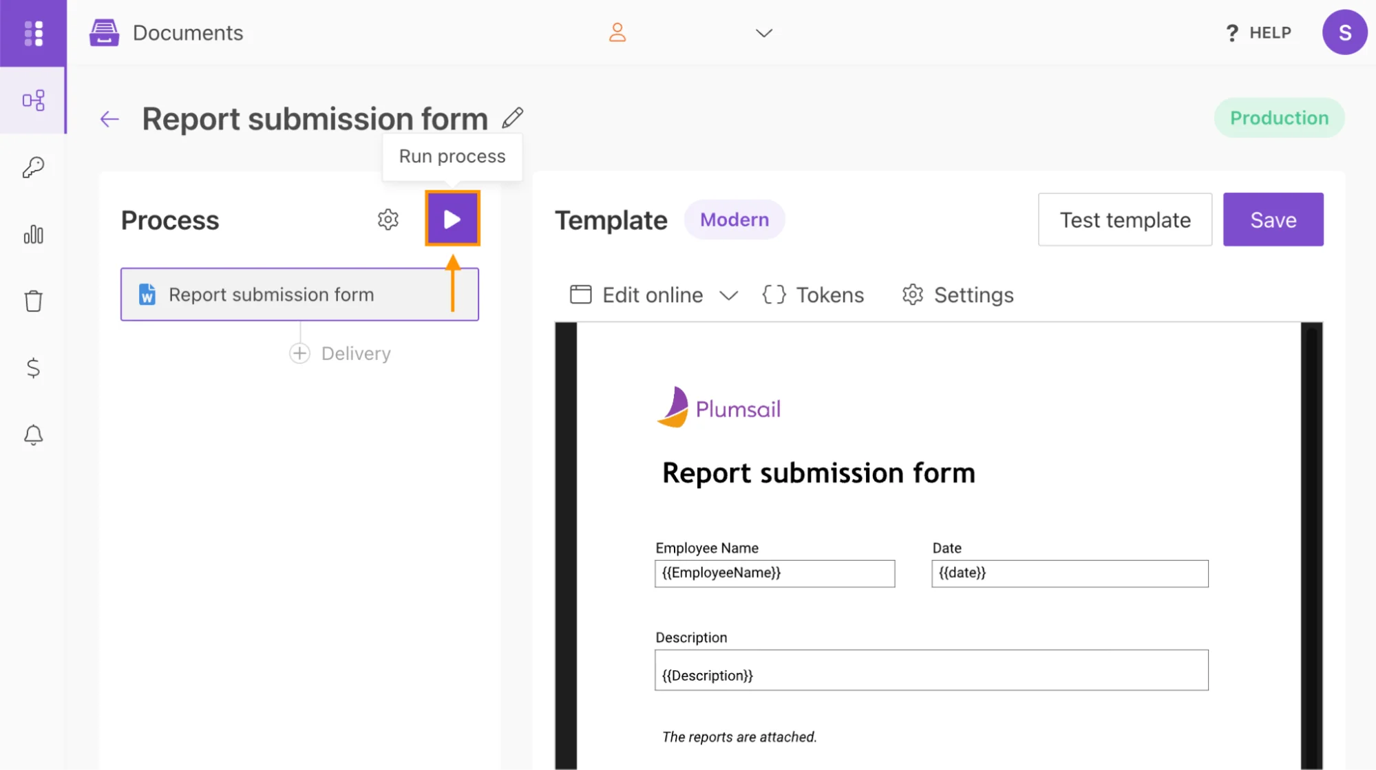 Modern engine Run process screen with Run process button
