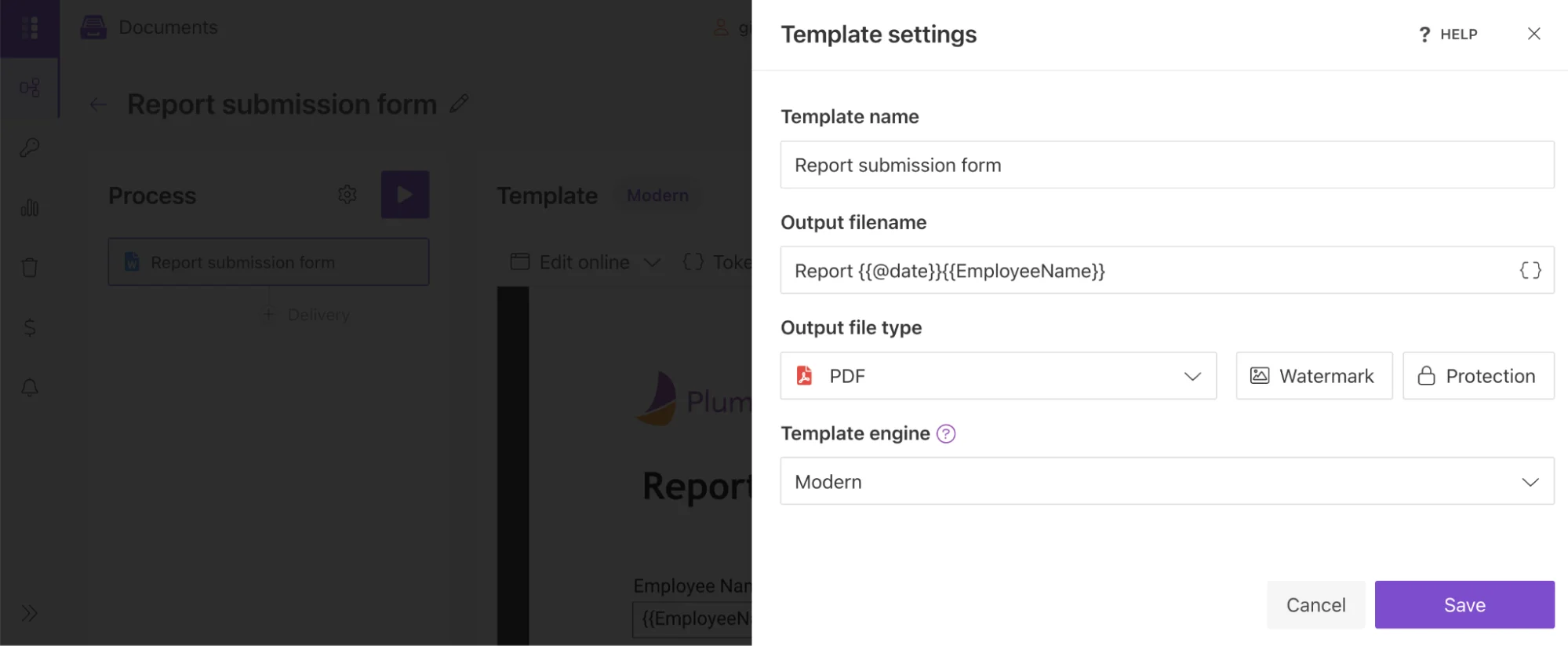 Modern engine Template settings panel with output name, process name, watermark and protection options