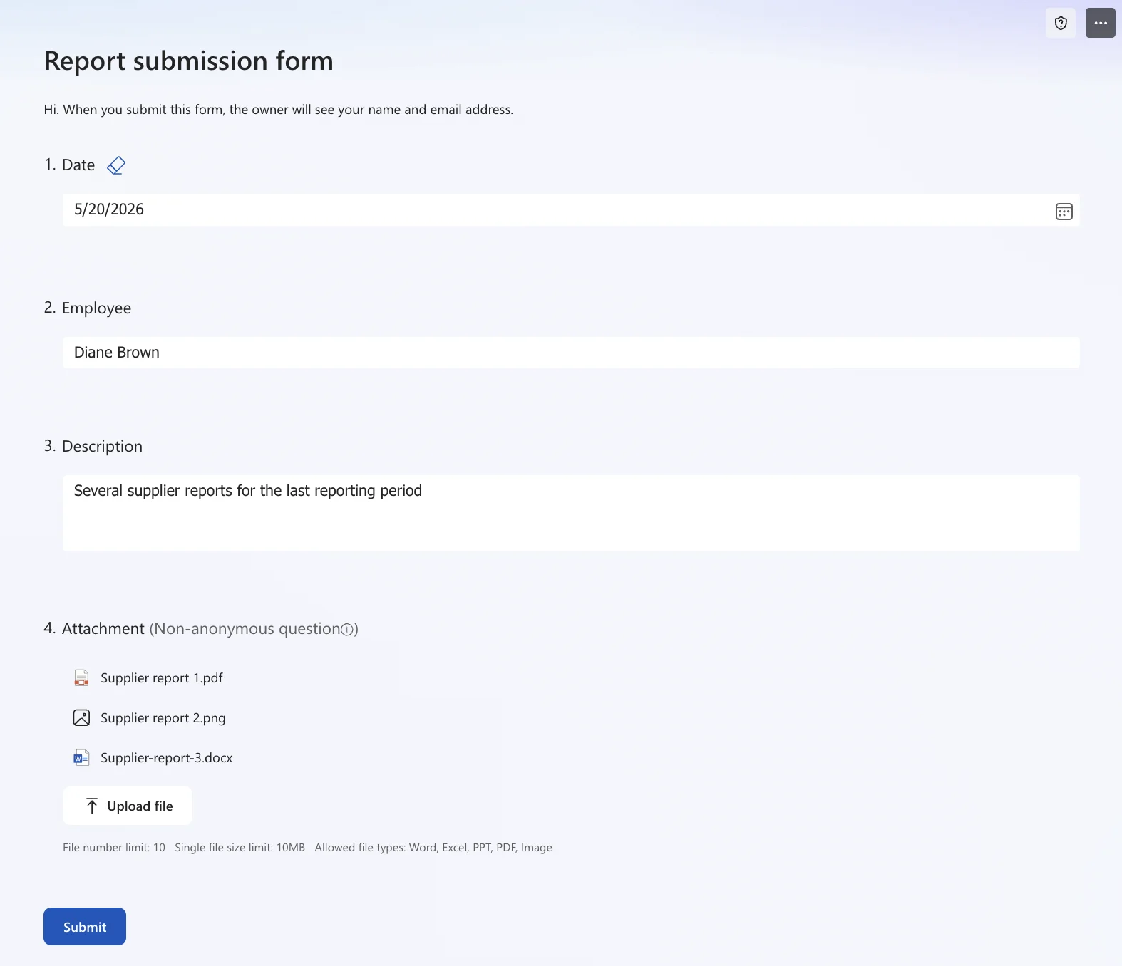 Filled out Microsoft form