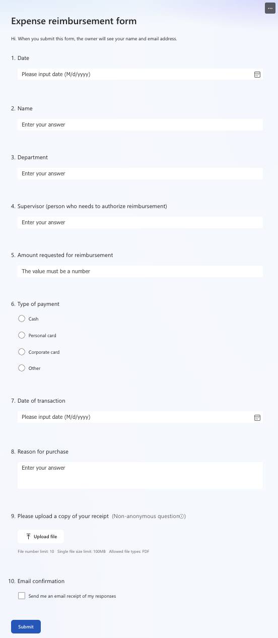 Microsoft form with attachment fields
