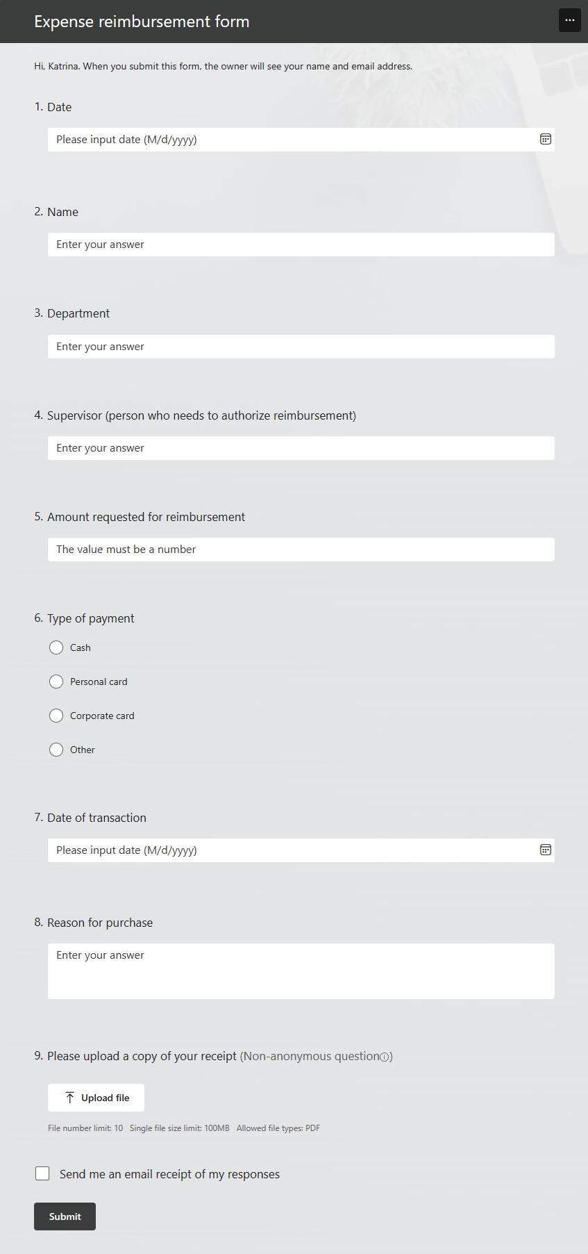 Microsoft form with attachment fields