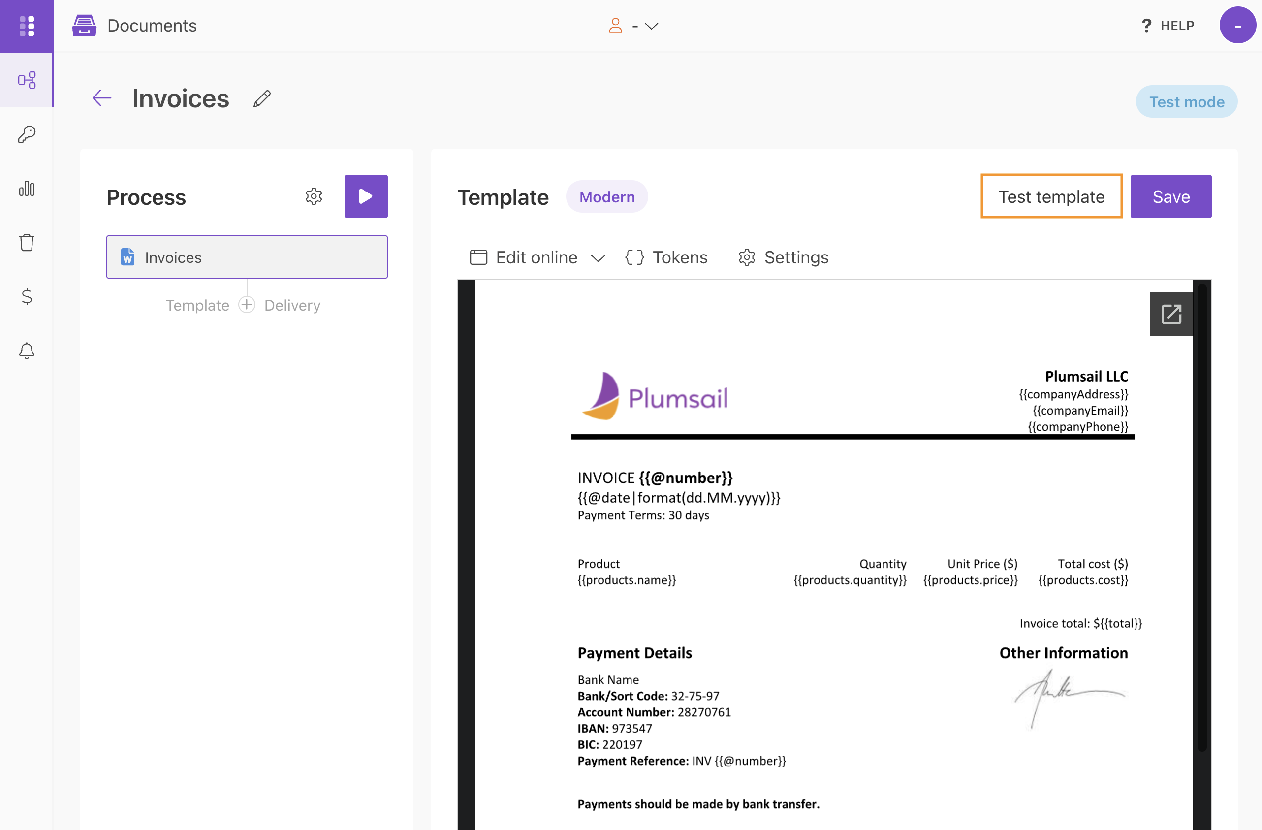 Test template option for previewing a DOCX template with sample data in the Modern template engine