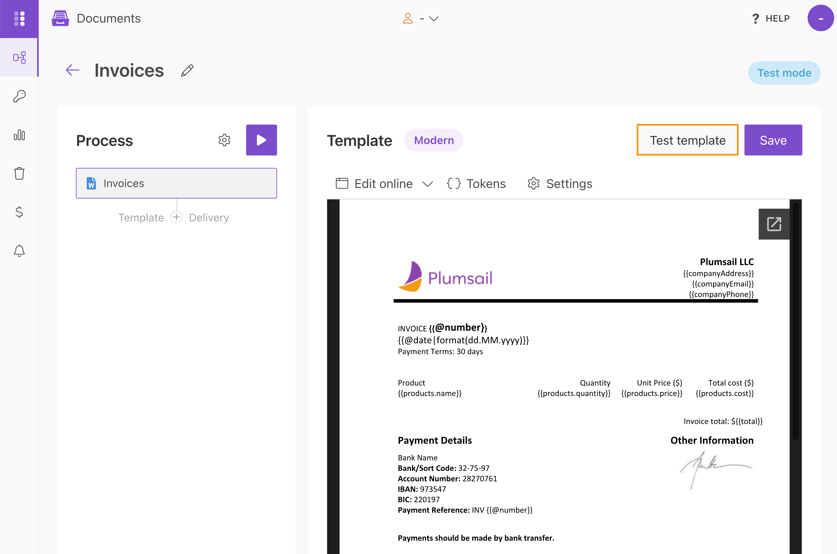 Test template option for previewing a DOCX template with sample data in the Modern template engine