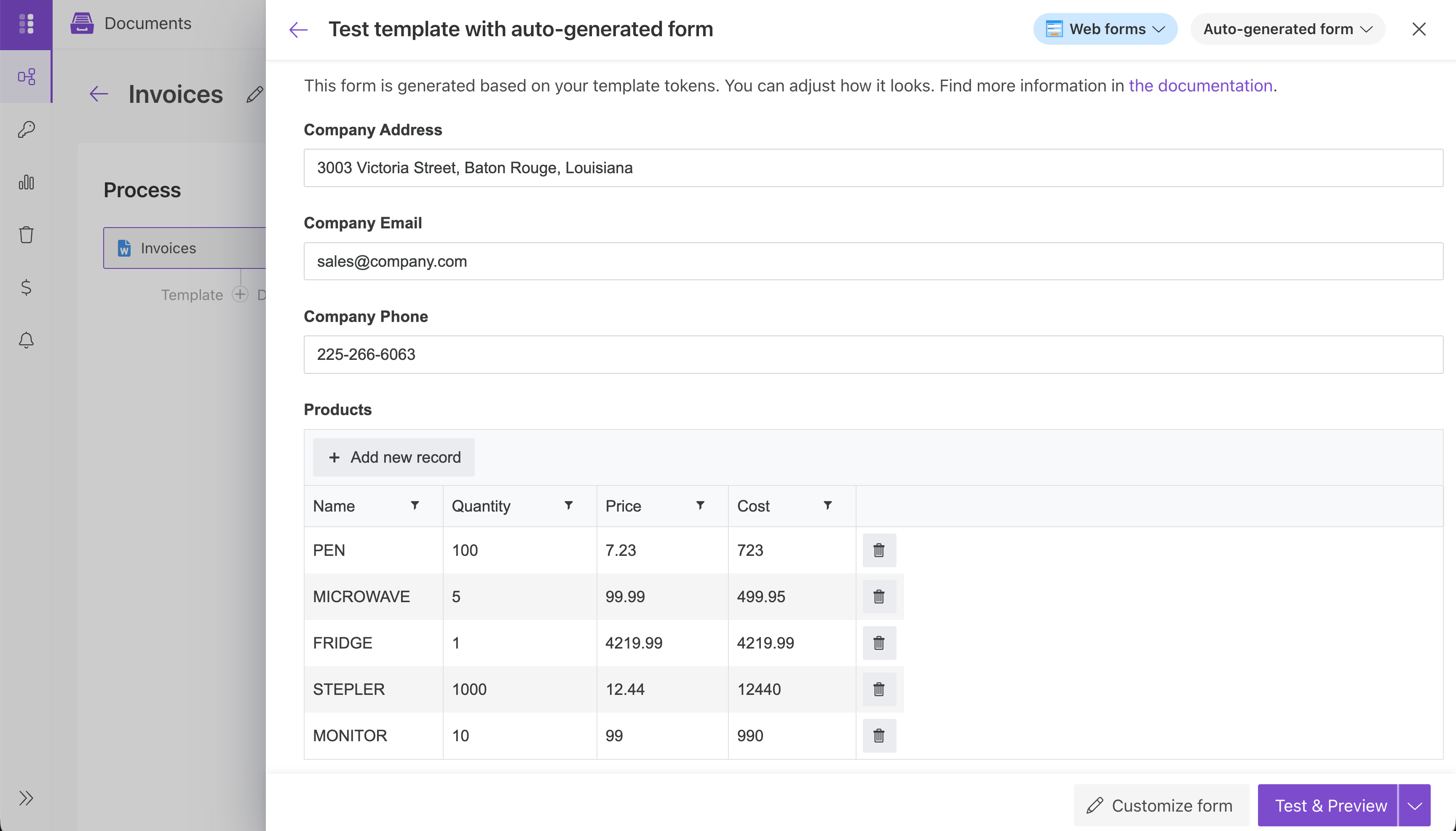 Test template dialog with an automatically generated form for DOCX sample data