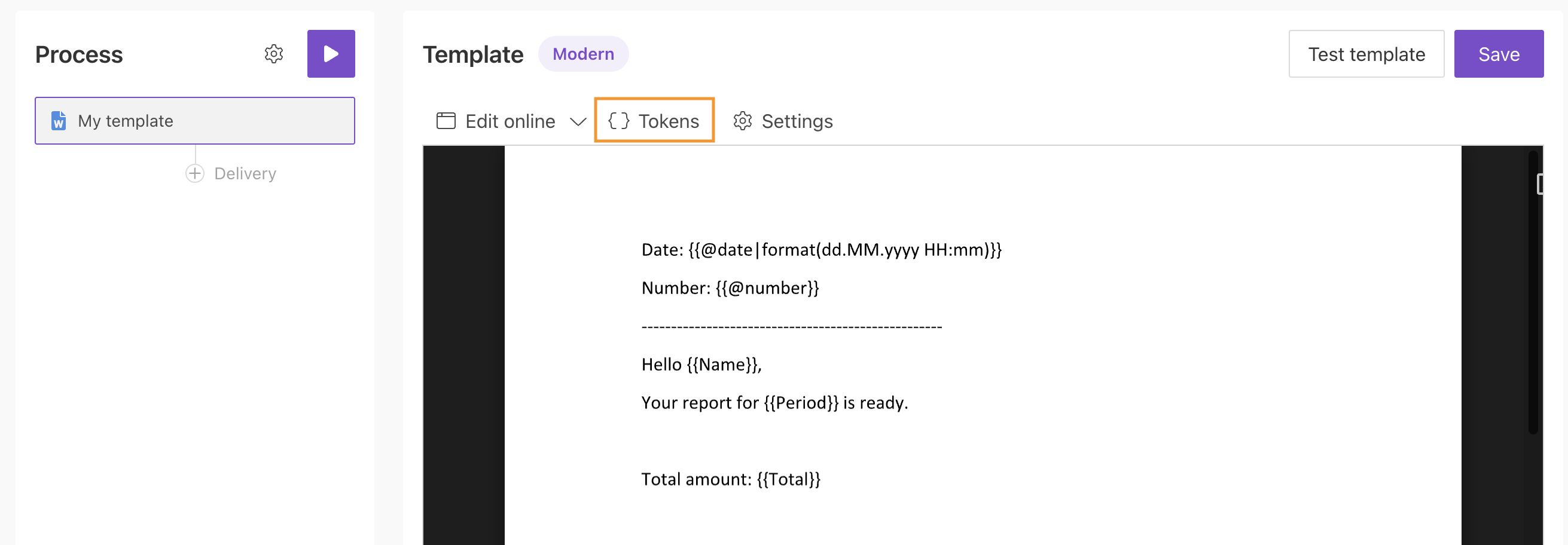 Tokens button above the template editor