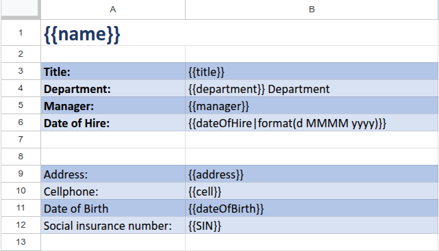 Employee information Excel template configured for document generation