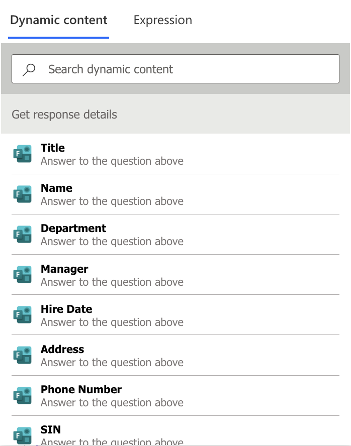 Power Automate dynamic content panel showing Microsoft Forms response fields
