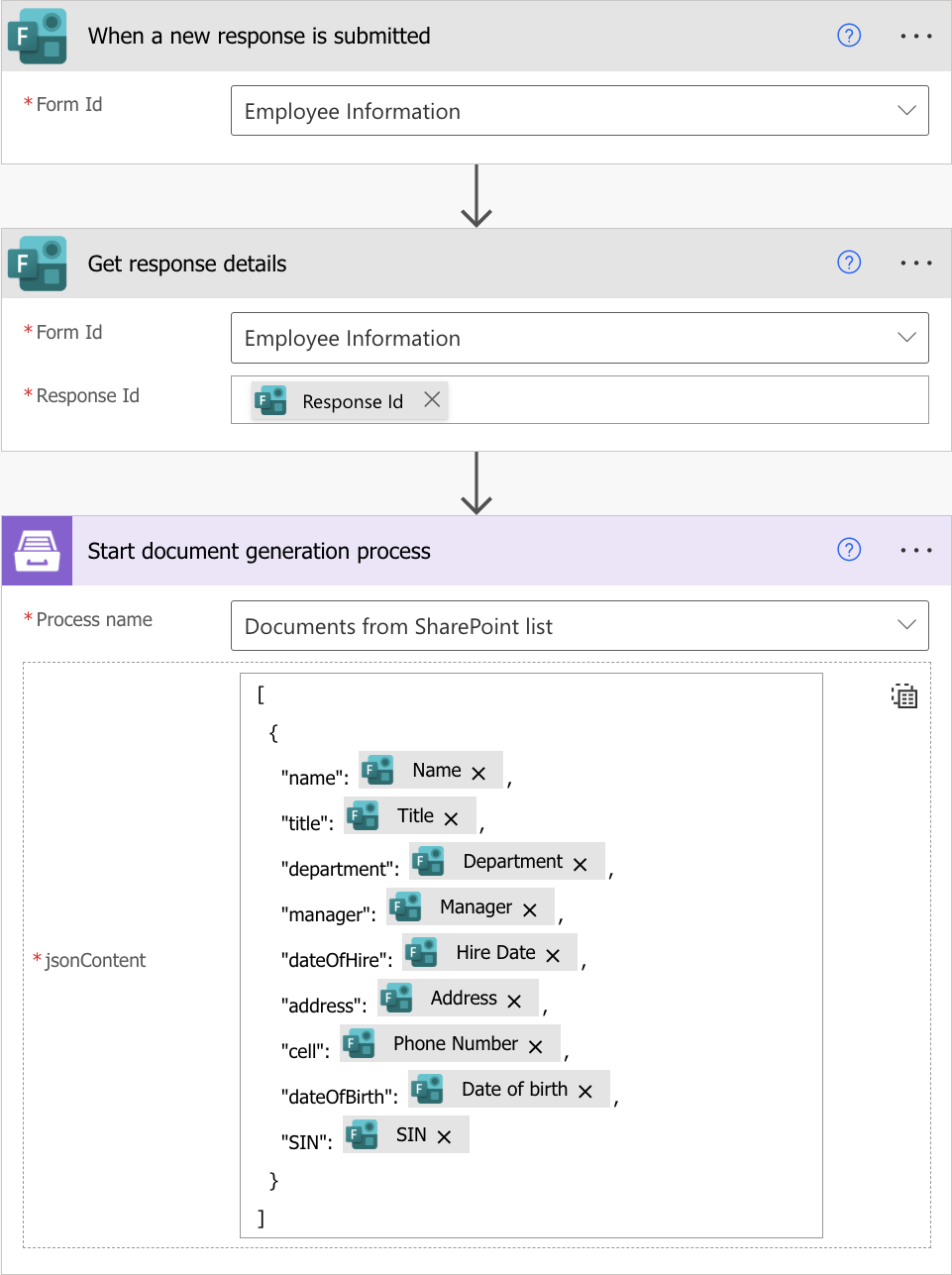 Power Automate flow that generates documents from Microsoft Forms responses