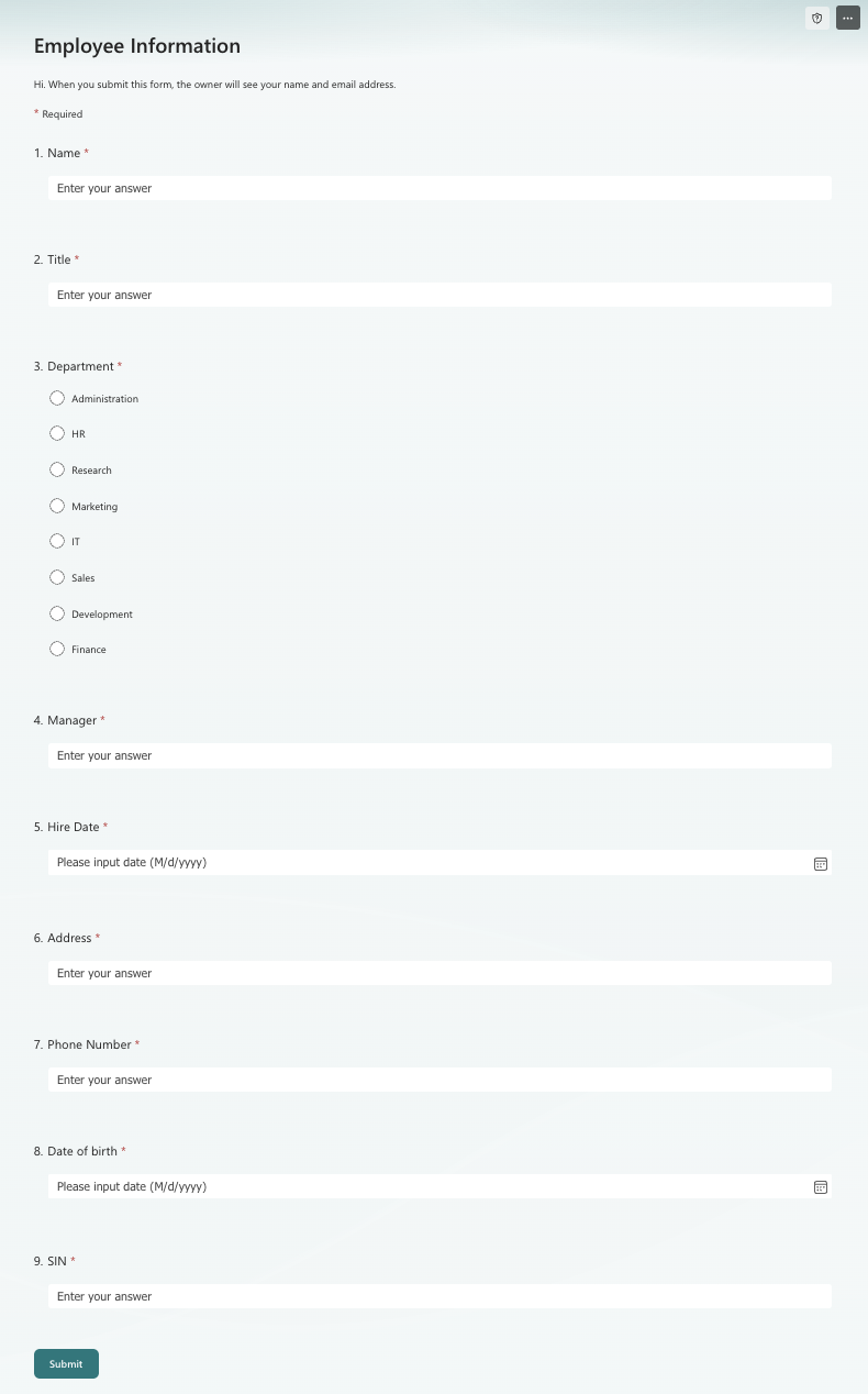 Employee information form created in Microsoft Forms