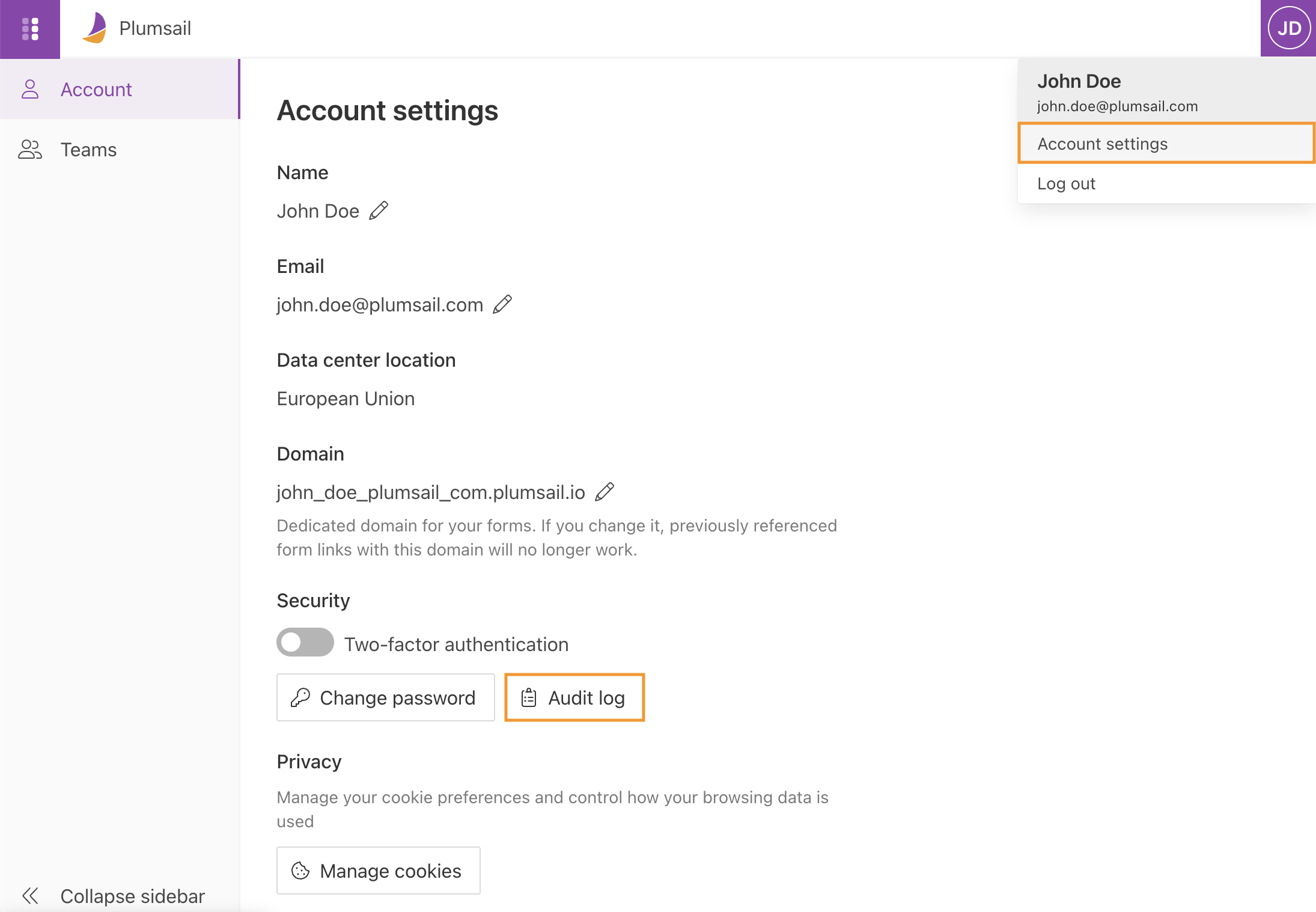 Account settings page with the Audit log button