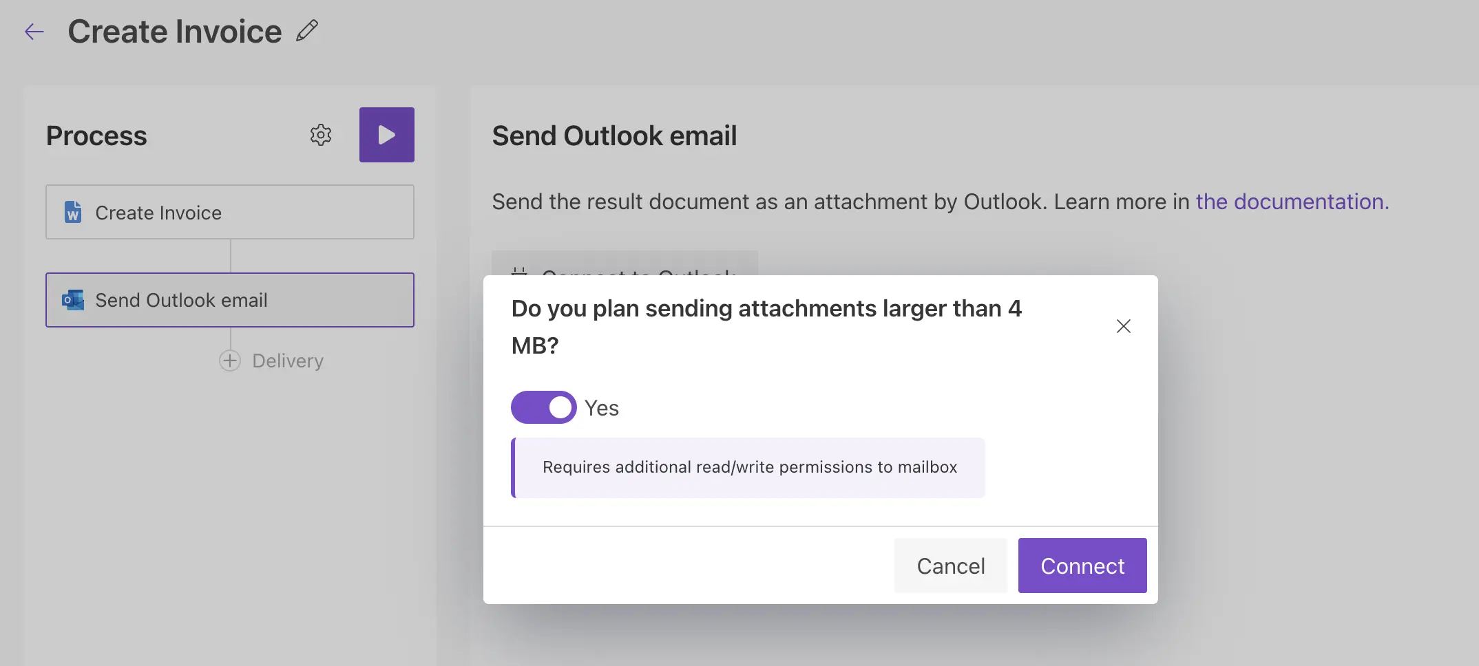 Outlook delivery large attachment selected
