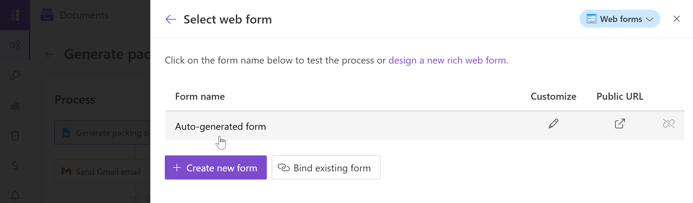 Generate packaging slip form selection