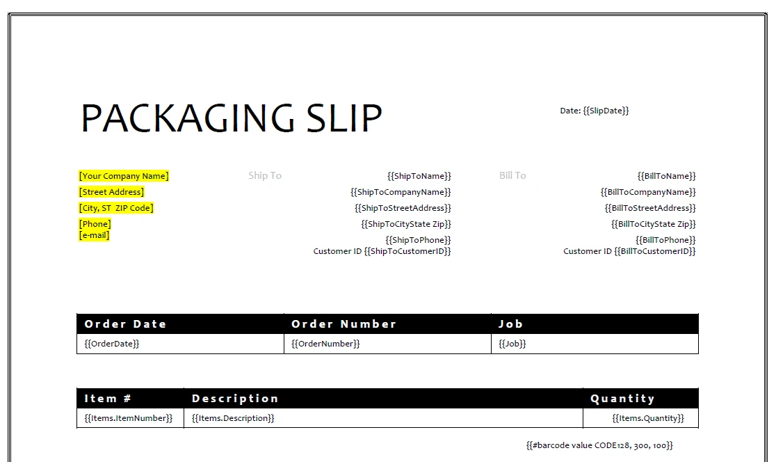 packaging slip template