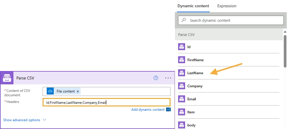 Parse CSV action - headers