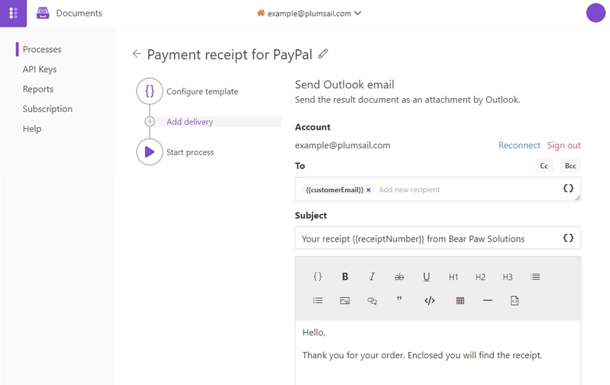 Send generated receipts to customers using a Plumsail Documents' built-in Outlook delivery