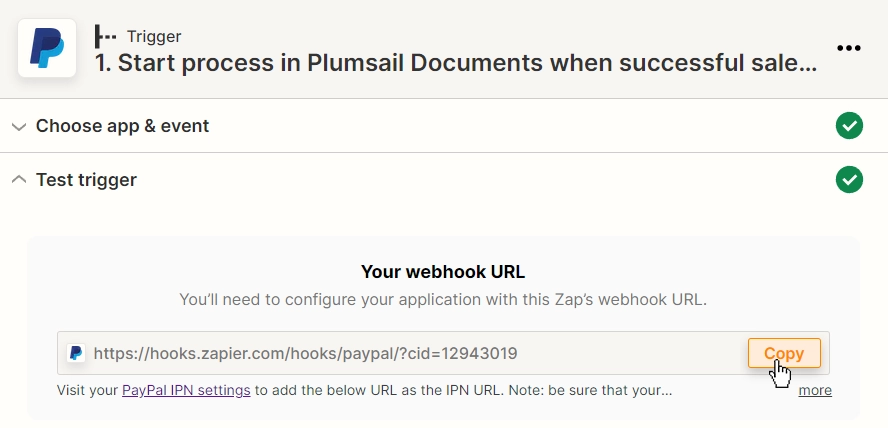Copying the unique webhook URL