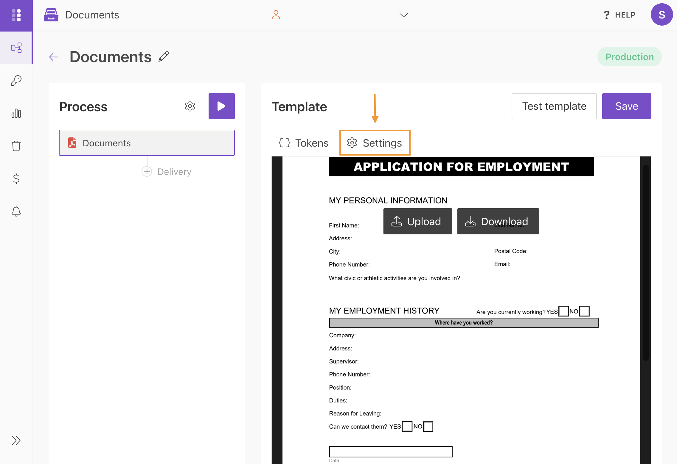 Settings tab for the fillable PDF process