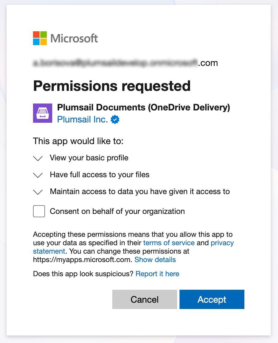 Permissions for OneDrive delivery