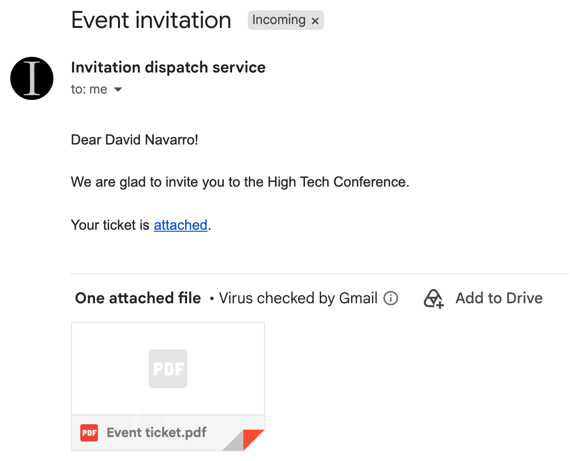 Personalized email with generated PDF ticket attached