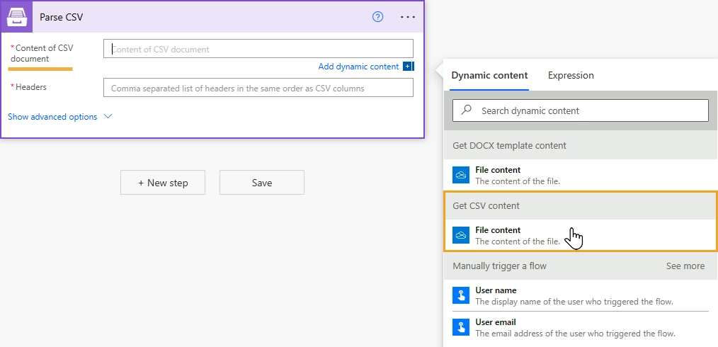 Place CSV file content